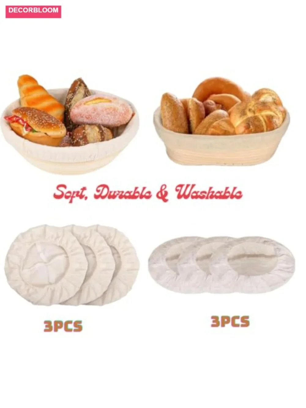 6 Pack Linen Banneton Proofing Basket Liners, Elastic Edge, Reusable Bread